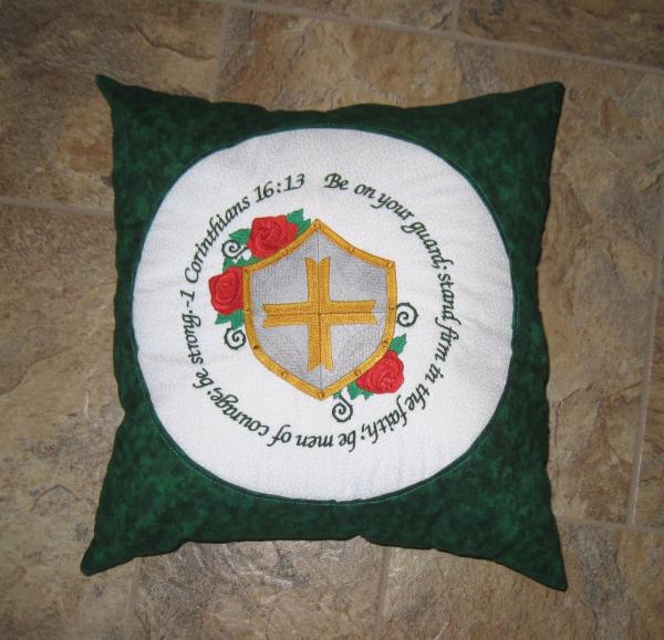 1 Corinthians 16:13 Bible Verse Pillow with Silver and Gold Shield, Red Roses and Scripture Verse about Men of Courage picture