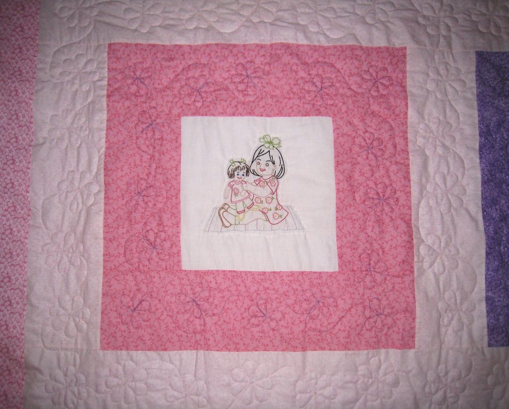 Twin Traditional Quilt 6 Hand Embroidered Blocks of Girls Singing, Dancing, Reading, Playing with dolls, Dressing Up - quilted with flowers picture