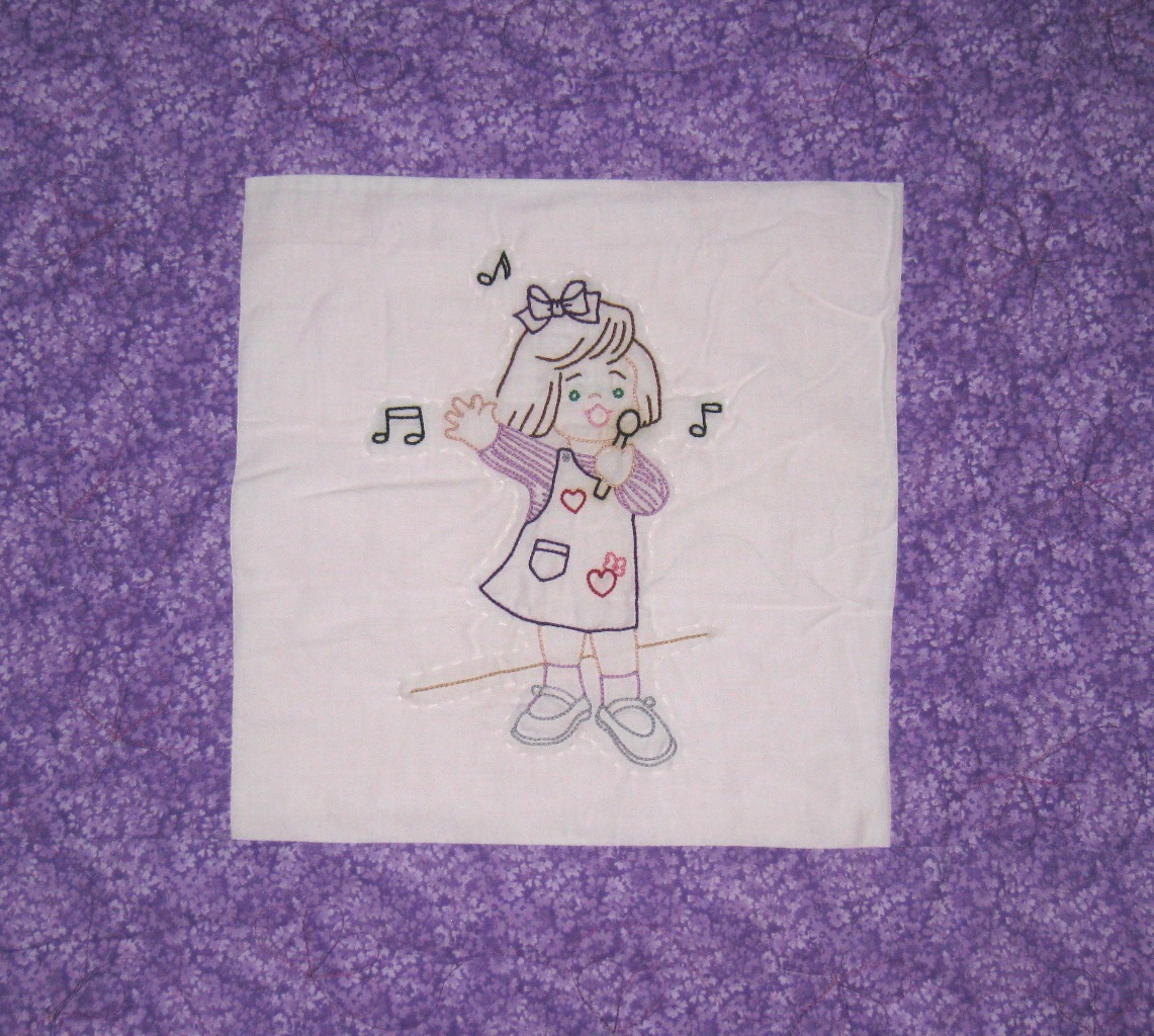 Twin Traditional Quilt 6 Hand Embroidered Blocks of Girls Singing, Dancing, Reading, Playing with dolls, Dressing Up - quilted with flowers picture