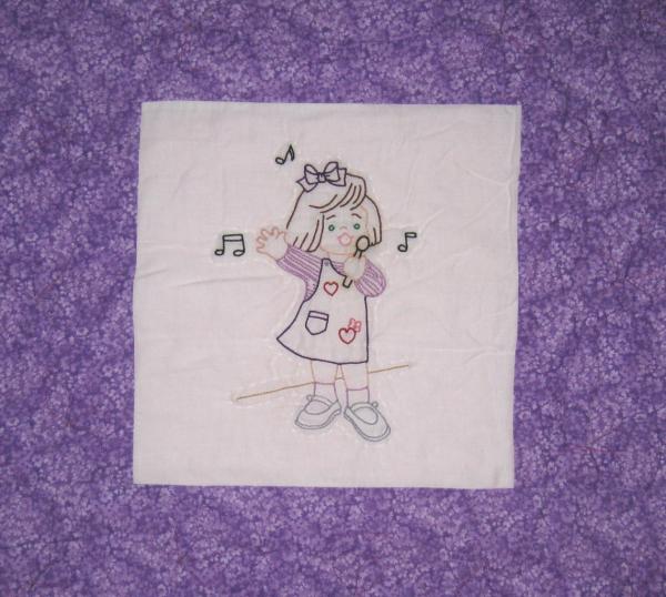 Twin Traditional Quilt 6 Hand Embroidered Blocks of Girls Singing, Dancing, Reading, Playing with dolls, Dressing Up - quilted with flowers picture