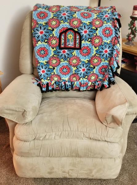 Large Flowers and Cross Window Embroidered Fleece Tied Blanket, Large stained Glass Window Fleece Tie Throw - Religious Home Decor picture