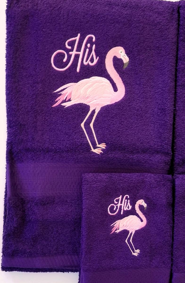 HIS and HERS Flamingo Towel Set Pink Flamingos Embroidered Bath and Hand Towels picture