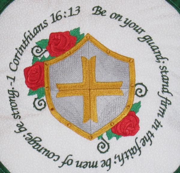 1 Corinthians 16:13 Bible Verse Pillow with Silver and Gold Shield, Red Roses and Scripture Verse about Men of Courage picture