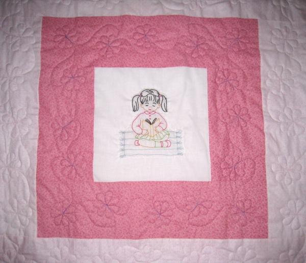 Twin Traditional Quilt 6 Hand Embroidered Blocks of Girls Singing, Dancing, Reading, Playing with dolls, Dressing Up - quilted with flowers picture