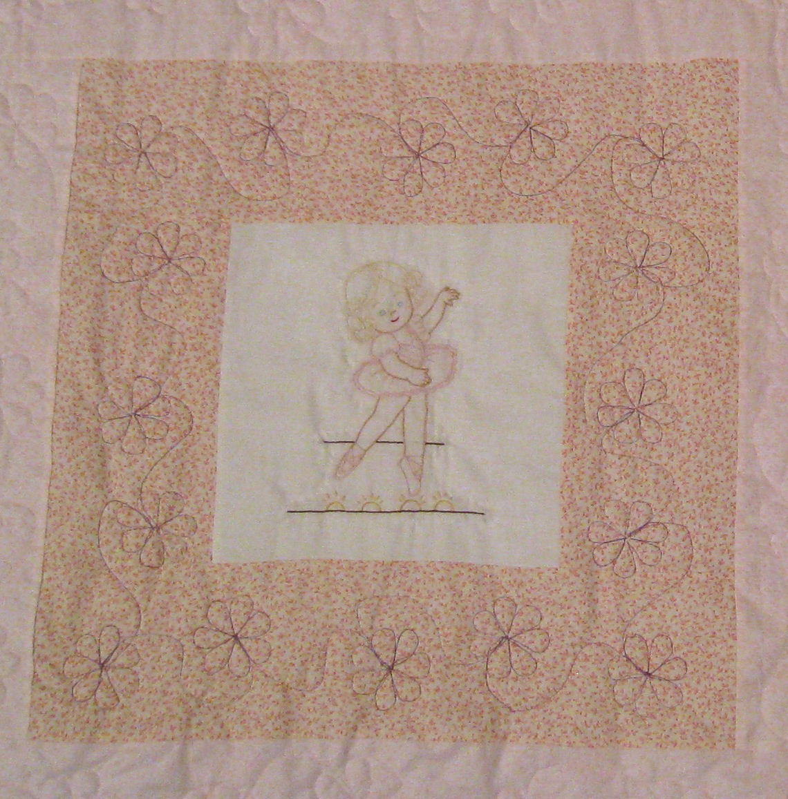 Twin Traditional Quilt 6 Hand Embroidered Blocks of Girls Singing, Dancing, Reading, Playing with dolls, Dressing Up - quilted with flowers picture