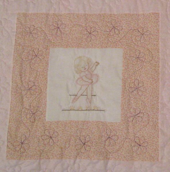 Twin Traditional Quilt 6 Hand Embroidered Blocks of Girls Singing, Dancing, Reading, Playing with dolls, Dressing Up - quilted with flowers picture