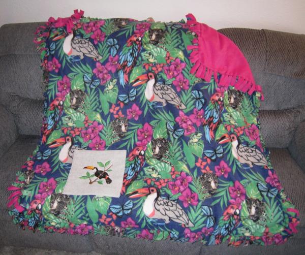 TOUCAN TROPICAL Embroidered Fleece Tied Blanket, Jungle Print Fleece Tie Throw - Toucan, Leopard, Parrot, Lizard Home Decor Blanket picture