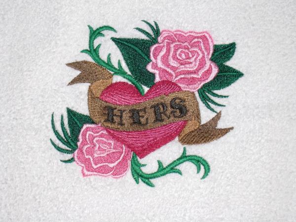 HIS and HERS Hearts Towel Set - Flaming Heart and Roses Heart Embroidered Bath Towels picture