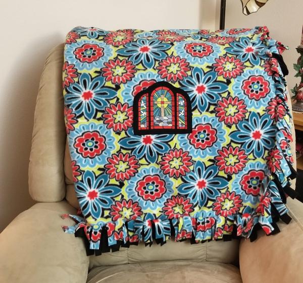 Large Flowers and Cross Window Embroidered Fleece Tied Blanket, Large stained Glass Window Fleece Tie Throw - Religious Home Decor