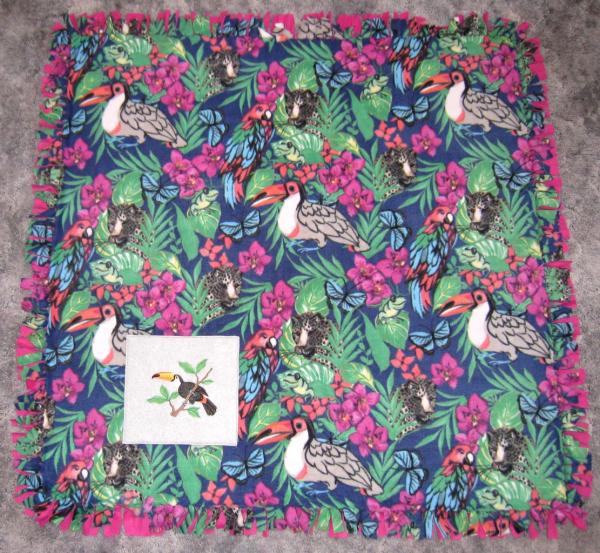 TOUCAN TROPICAL Embroidered Fleece Tied Blanket, Jungle Print Fleece Tie Throw - Toucan, Leopard, Parrot, Lizard Home Decor Blanket picture