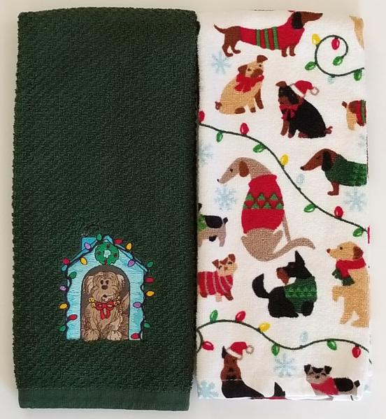Christmas Dog in Doghouse Kitchen Hand Towel Set picture