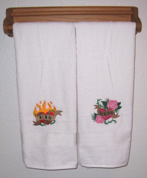 HIS and HERS Hearts Towel Set - Flaming Heart and Roses Heart Embroidered Bath Towels picture