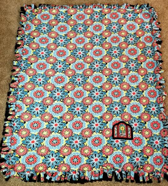 Large Flowers and Cross Window Embroidered Fleece Tied Blanket, Large stained Glass Window Fleece Tie Throw - Religious Home Decor picture