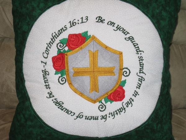 1 Corinthians 16:13 Bible Verse Pillow with Silver and Gold Shield, Red Roses and Scripture Verse about Men of Courage picture