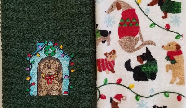 Christmas Dog in Doghouse Kitchen Hand Towel Set