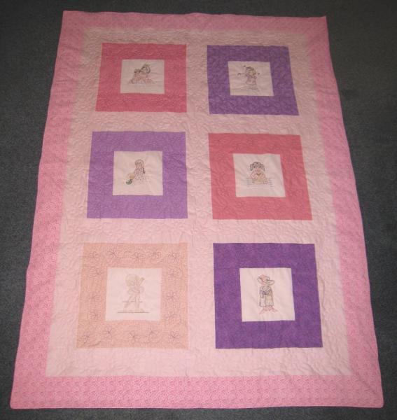 Twin Traditional Quilt 6 Hand Embroidered Blocks of Girls Singing, Dancing, Reading, Playing with dolls, Dressing Up - quilted with flowers picture