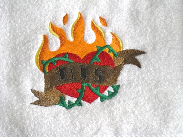 HIS and HERS Hearts Towel Set - Flaming Heart and Roses Heart Embroidered Bath Towels picture