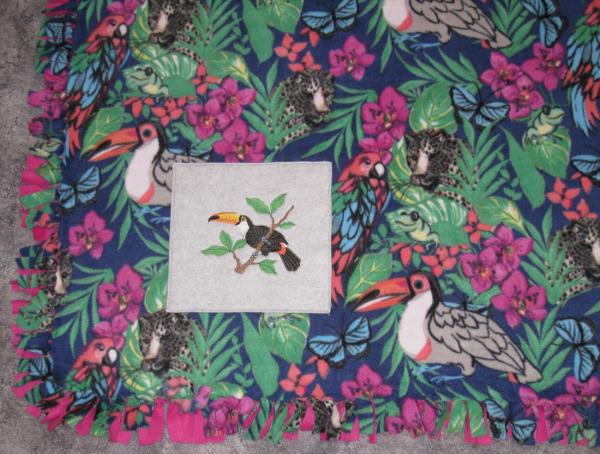 TOUCAN TROPICAL Embroidered Fleece Tied Blanket, Jungle Print Fleece Tie Throw - Toucan, Leopard, Parrot, Lizard Home Decor Blanket picture