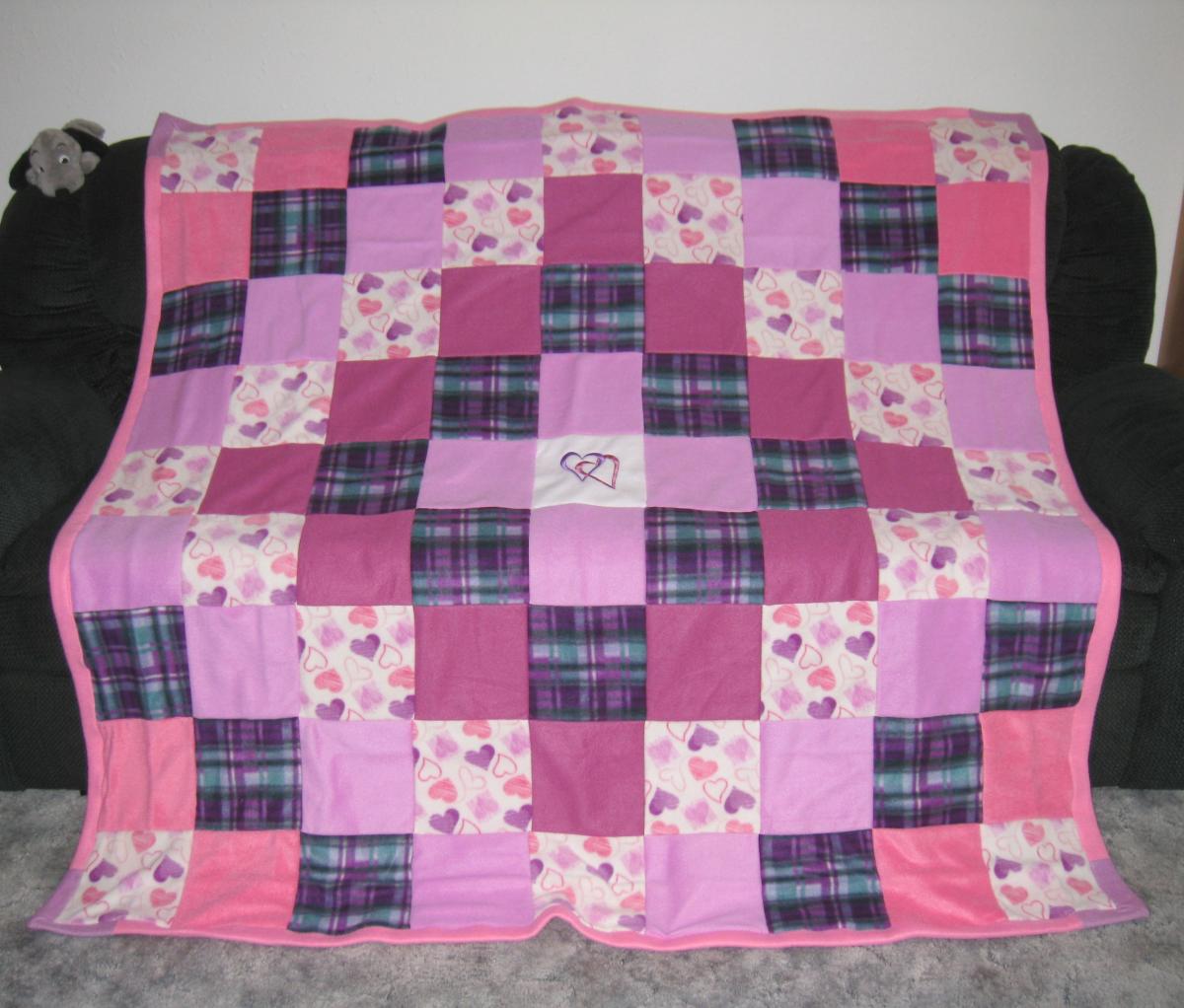 Large HEARTS BLOCK QUILTED Colorful Fleece Throw One-of-a Kind Two Layer Quilted Blanket picture