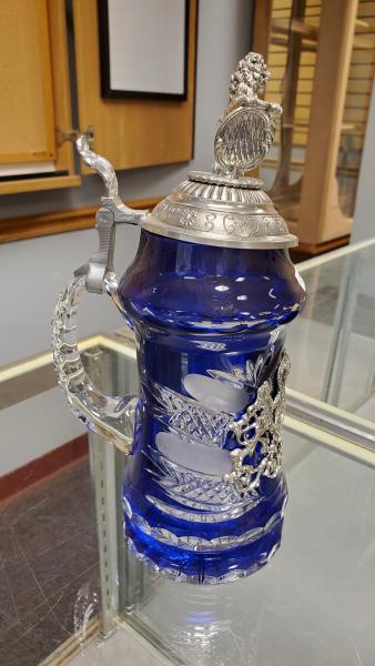 Lord of Crystal Blue Bavarian Beer Stein with Lion Pewter Lid picture