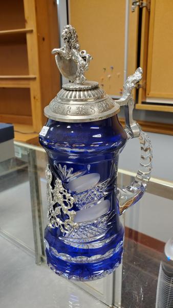 Lord of Crystal Blue Bavarian Beer Stein with Lion Pewter Lid picture