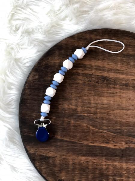 Blue & White Hexagon Pacifier Clip picture