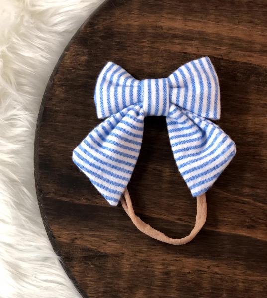 Blue Seersucker Bow Nylon Headband