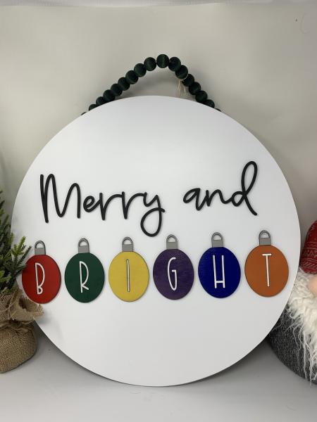 Merry & Bright round Door sign With bulbs picture