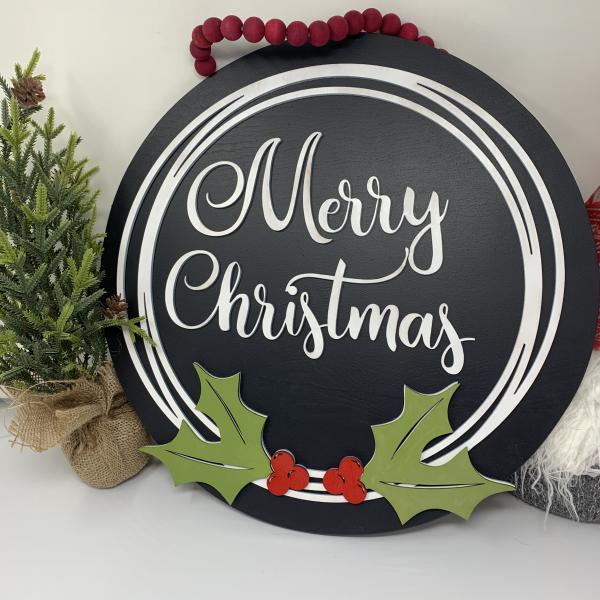 Merry Christmas round Door sign With scribble circle & holly picture