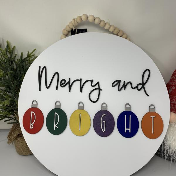 Merry & Bright round Door sign With bulbs picture