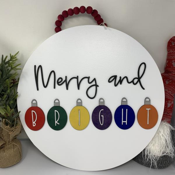 Merry & Bright round Door sign With bulbs picture