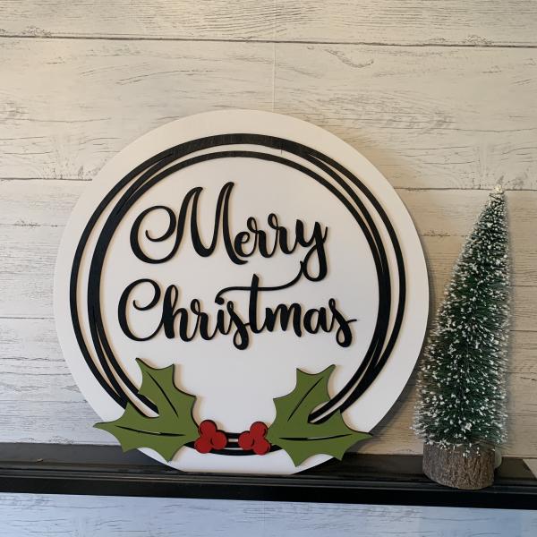 Merry Christmas round Door sign With scribble circle & holly