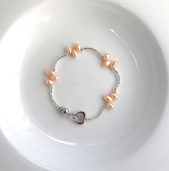 Nugget pink pearls with silver tube bracelet