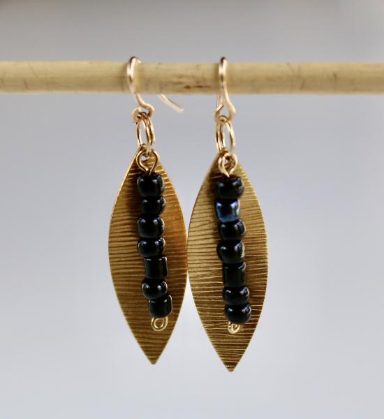 Black and dark green beads and brass leaf earring with 18K gold fill hook earring picture