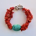 Double red coral chips and oval turquoise bracelet