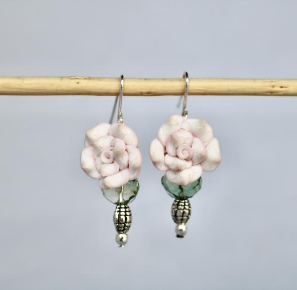 Pink flower green crystal and silver bead earring picture
