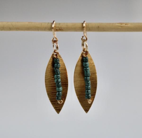 Black and dark green beads and brass leaf earring with 18K gold fill hook earring picture