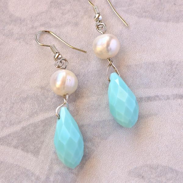 Turquoise blue facet quartz with freshwater white pearl earring picture