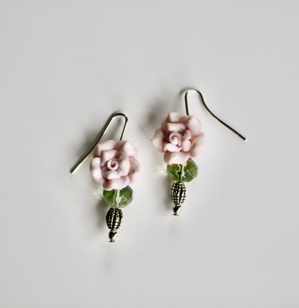 Pink flower green crystal and silver bead earring picture