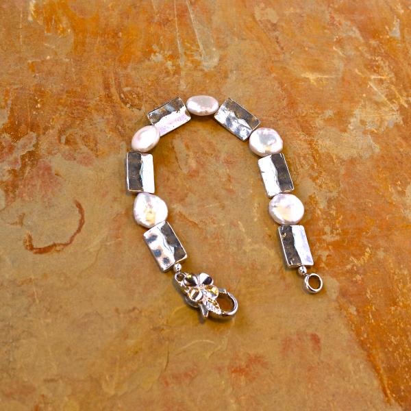 Silver rectangle with white coin pearl bracelet
