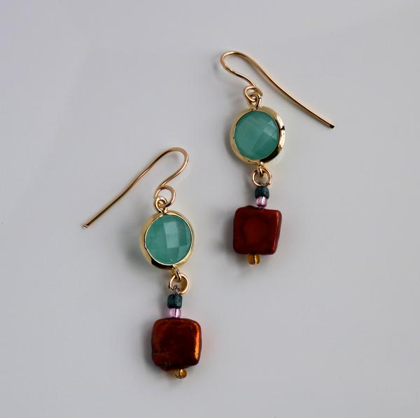 Brass encircled turquoise crystal and square keshi pearl earring with 18K gold filled hook picture