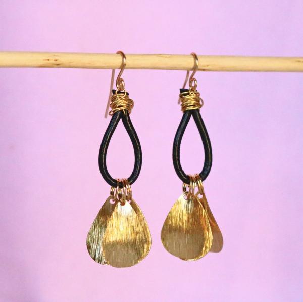 Gold tone brass with black leather loop earring picture