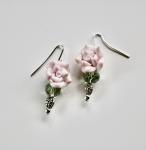 Pink flower green crystal and silver bead earring