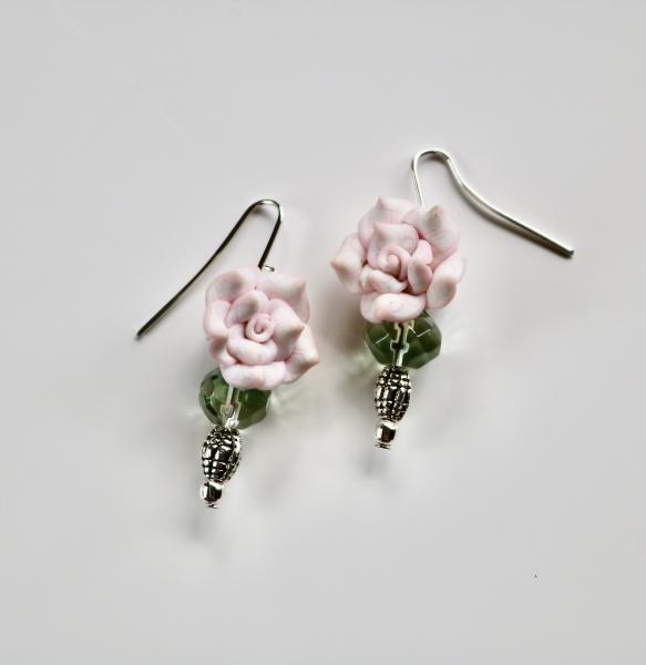 Pink flower green crystal and silver bead earring picture