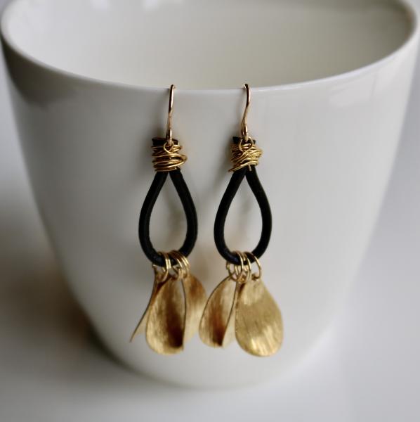 Gold tone brass with black leather loop earring picture