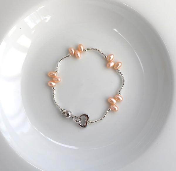 Nugget pink pearls with silver tube bracelet picture