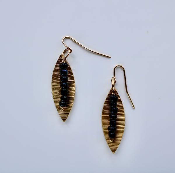Black and dark green beads and brass leaf earring with 18K gold fill hook earring