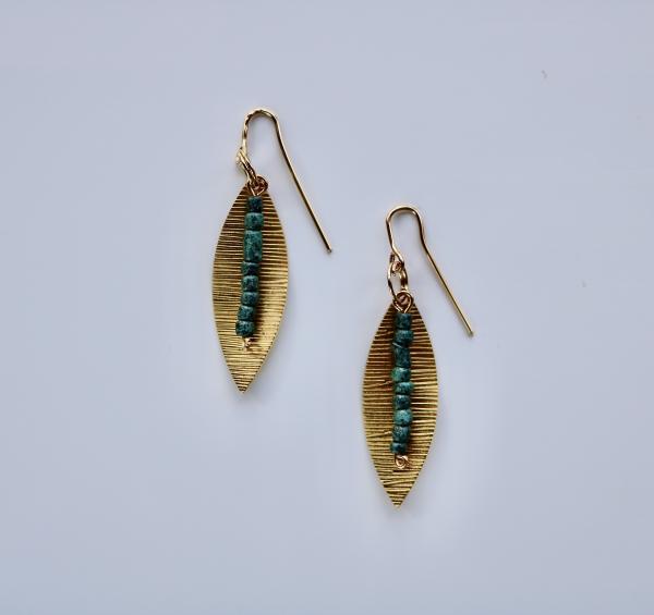 Black and dark green beads and brass leaf earring with 18K gold fill hook earring picture