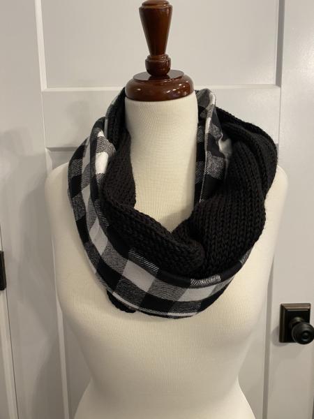 White and Black Check Flannel & Knit Infinity Scarf