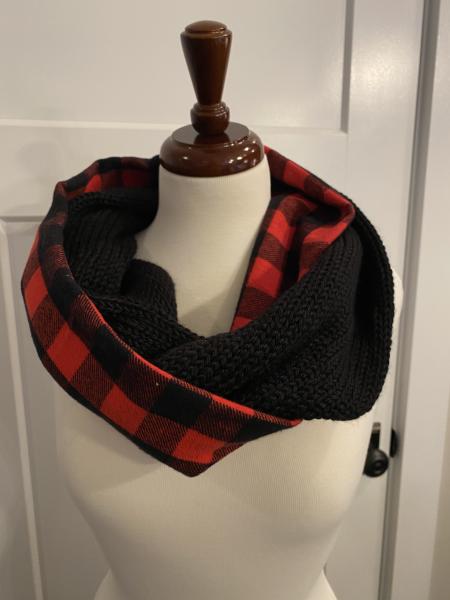 Red and Black Check Flannel & Knit Infinity Scarf